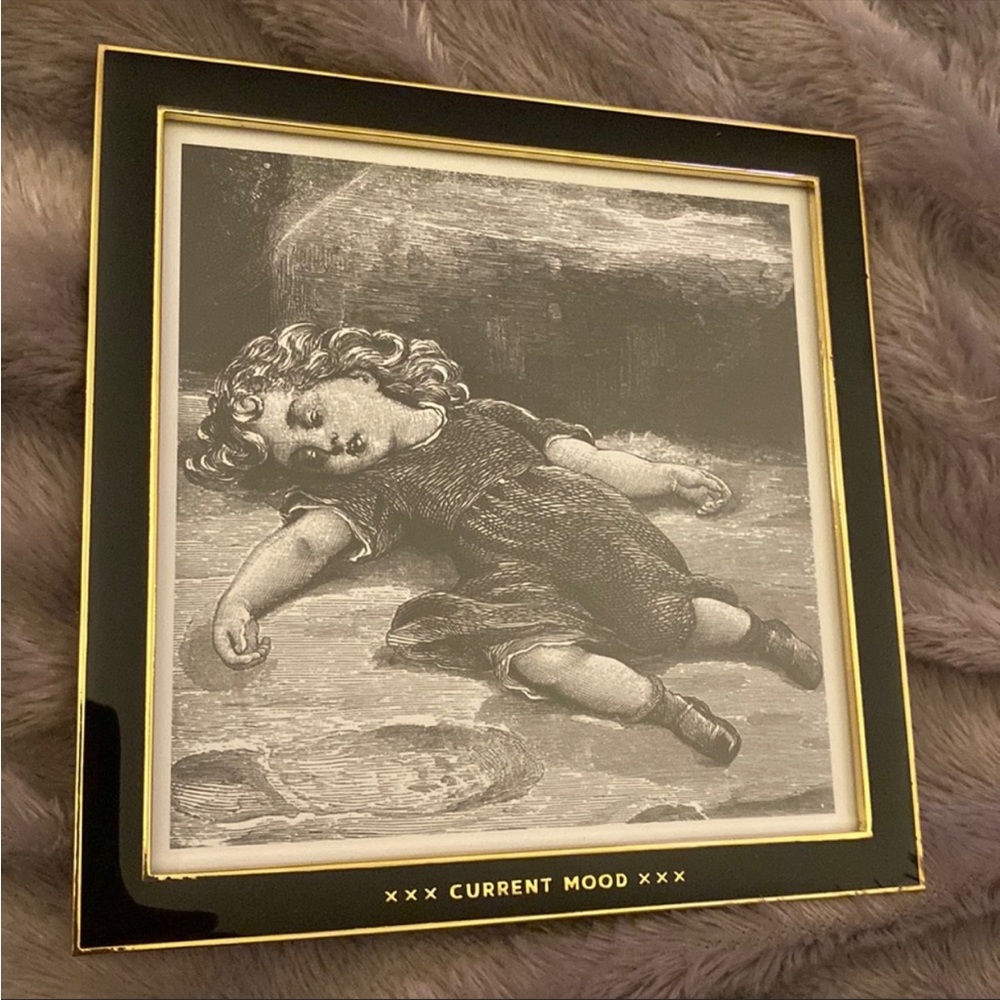 “Current Mood” easy tiger, 5x5 black and gold picture frame.